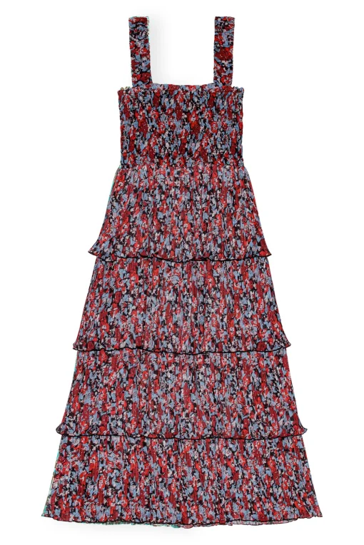 GANNI Kjoler<Red Pleated Georgette Flounce Smock Midi-kjole HighRiskRed