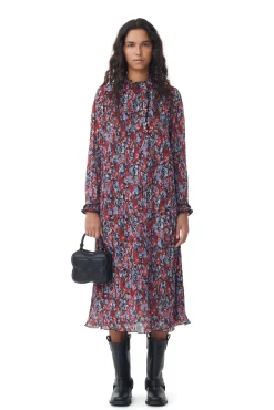 GANNI Kjoler<Red Pleated Georgette Midi-kjole HighRiskRed