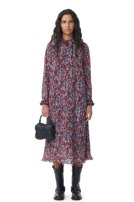 GANNI Kjoler<Red Pleated Georgette Midi-kjole HighRiskRed