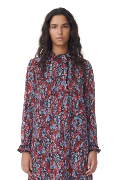 GANNI Kjoler<Red Pleated Georgette Midi-kjole HighRiskRed