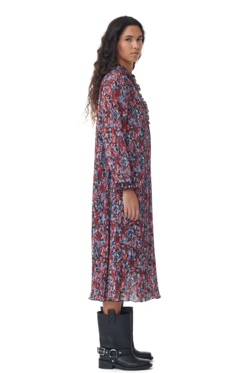 GANNI Kjoler<Red Pleated Georgette Midi-kjole HighRiskRed