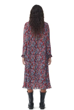 GANNI Kjoler<Red Pleated Georgette Midi-kjole HighRiskRed