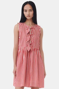 GANNI Kjoler<Red Stripe Cotton Mini Bow Tie-kjole BarbadosCherry