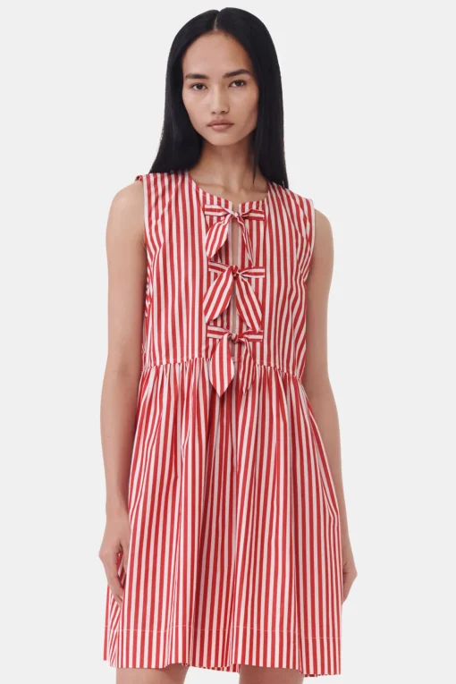 GANNI Kjoler<Red Stripe Cotton Mini Bow Tie-kjole BarbadosCherry