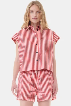 GANNI Sett | Topper<Red Stripe Cotton Tie Collar-skjorte BarbadosCherry
