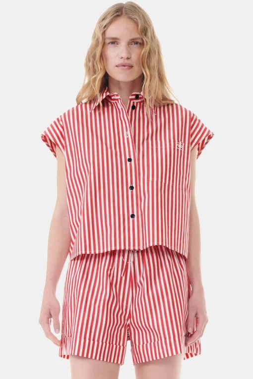 GANNI Sett | Topper<Red Stripe Cotton Tie Collar-skjorte BarbadosCherry