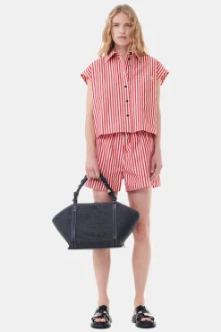 GANNI Sett | Topper<Red Stripe Cotton Tie Collar-skjorte BarbadosCherry