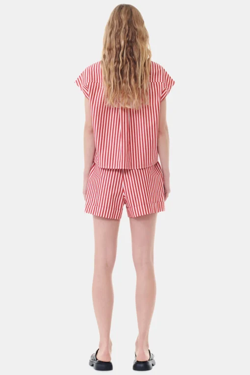 GANNI Sett | Topper<Red Stripe Cotton Tie Collar-skjorte BarbadosCherry