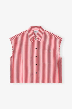 GANNI Sett | Topper<Red Stripe Cotton Tie Collar-skjorte BarbadosCherry