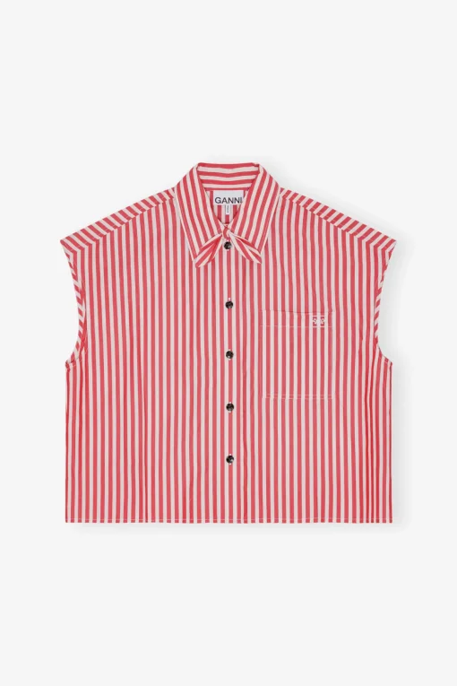 GANNI Sett | Topper<Red Stripe Cotton Tie Collar-skjorte BarbadosCherry