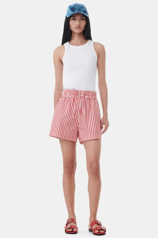 GANNI Sett<Red Stripe Cotton-shorts BarbadosCherry