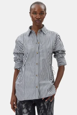 GANNI Ganni Exclusives | Topper<Stripe Cotton Oversized Tie String-skjorte Black