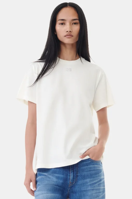 GANNI T-skjorter | Topper<White Basic Jersey Rhinestone Relaxed-T-skjorte Egret