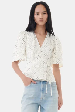 GANNI Ganni Exclusives | Topper<White Dotted Crinkled Satin Wrap-bluse Egret