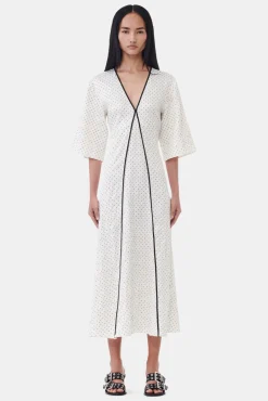 GANNI Ganni Exclusives | Kjoler<White Polka Dot Crinkled Satin V-neck Long-kjole Egret