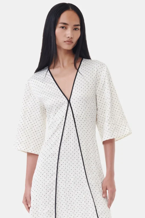 GANNI Ganni Exclusives | Kjoler<White Polka Dot Crinkled Satin V-neck Long-kjole Egret