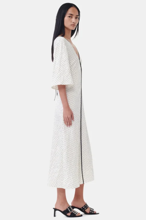 GANNI Ganni Exclusives | Kjoler<White Polka Dot Crinkled Satin V-neck Long-kjole Egret