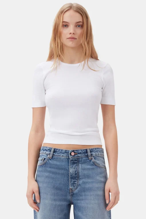 GANNI Plus Size Klær | Ganni Exclusives<White Soft Cotton Rib Short Sleeve-T-skjorte BrightWhite